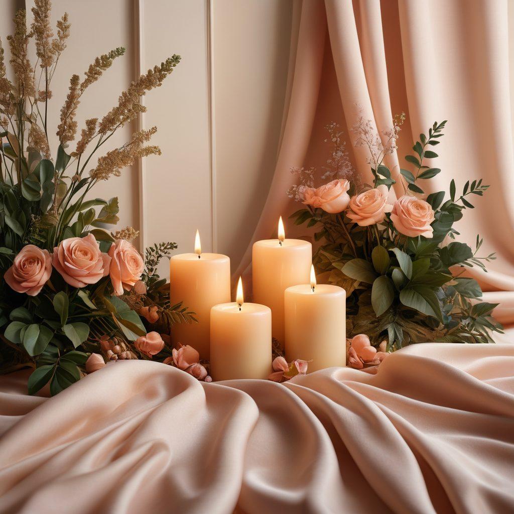 A sensuous and inviting composition of soft textures and elegant shapes, symbolizing sexual wellness and intimacy. Incorporate elements like calming candles, lush fabrics, and abstract representations of connection and pleasure, enveloped in warm, inviting colors. Include subtle hints of nature, like flowers or greenery, to represent growth and exploration. The overall atmosphere should evoke a sense of relaxation and discovery. elegant and soft. warm colors. 3D.