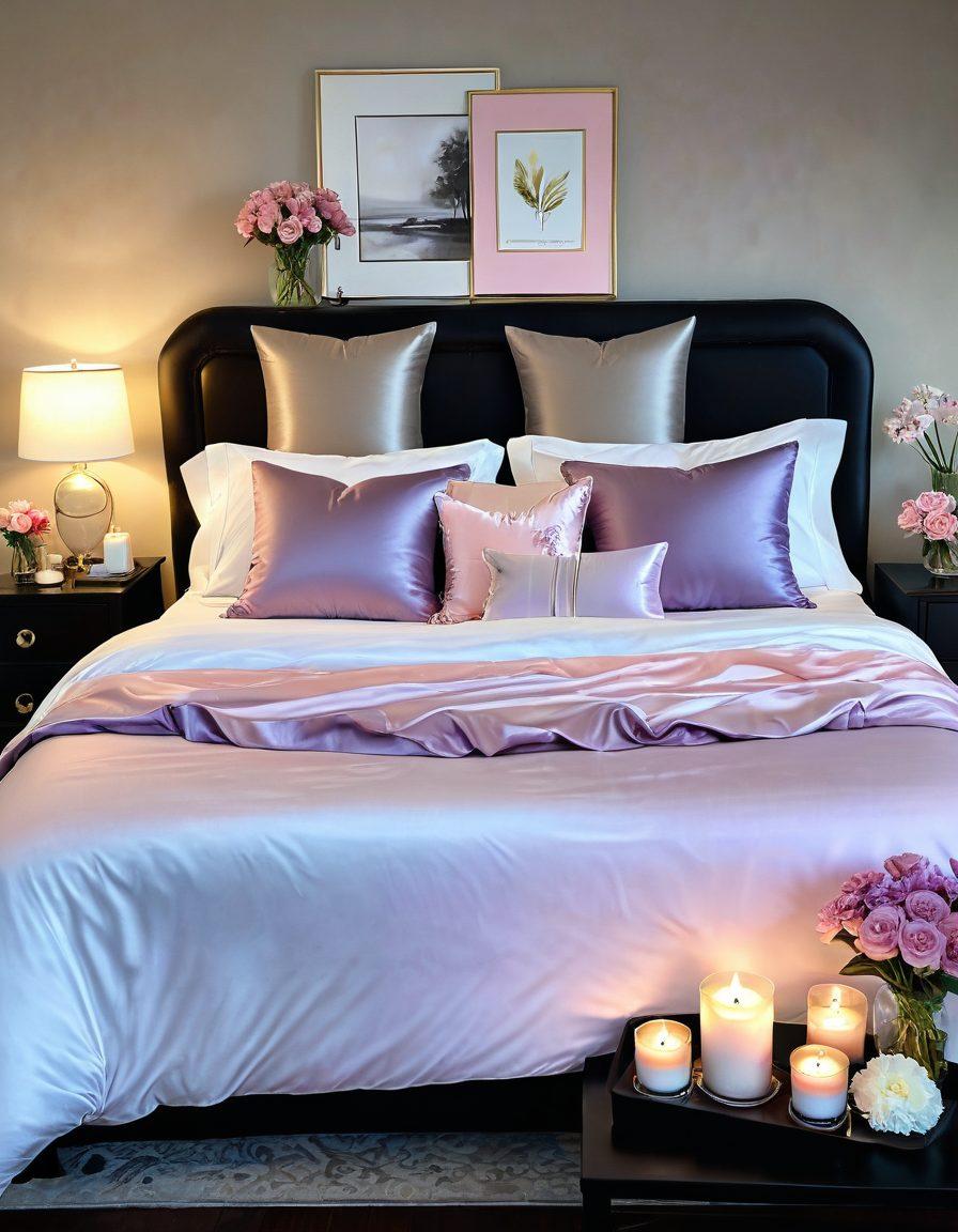 An inviting and serene bedroom setting with soft lighting, elegant satin sheets, and subtle floral accents. In the foreground, a tasteful arrangement of wellness items like scented candles, massage oils, and a heart-shaped pillow. The atmosphere should evoke a sense of relaxation and intimacy, highlighting self-care and exploration of pleasure. Include warm colors like soft pink, lavender, and cream. super-realistic. vibrant colors.