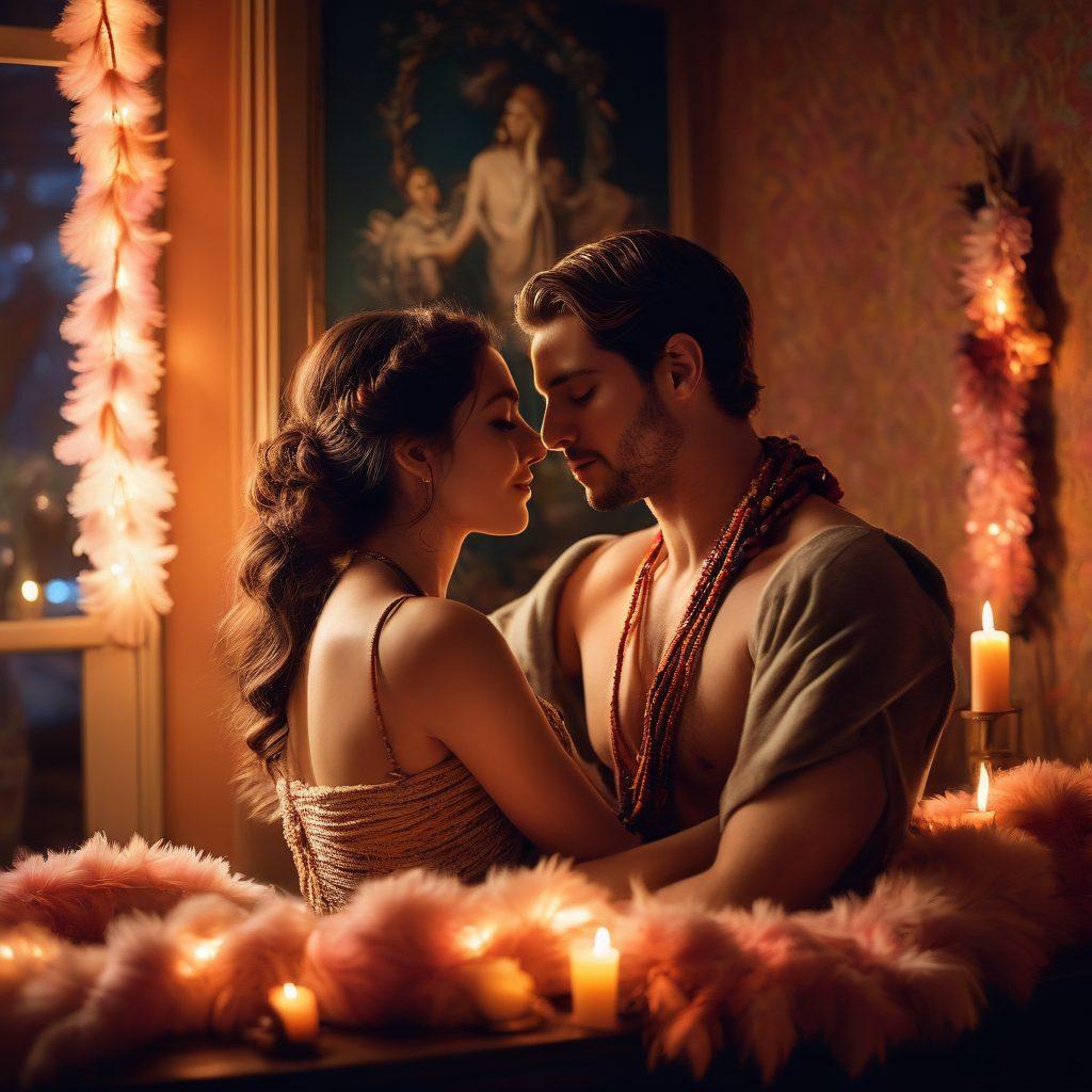 A captivating scene of diverse couples communicating openly in a cozy, candlelit room, surrounded by symbolic elements representing various kinks, like playful ropes and feather boas. Each couple showcases their unique style, emanating warmth and connection, while soft shadows play around them to create a sense of intimacy. Subtle hints of adult entertainment culture are woven in, maintaining a respectful and artistic aesthetic. vibrant colors. soft focus. romantic atmosphere.